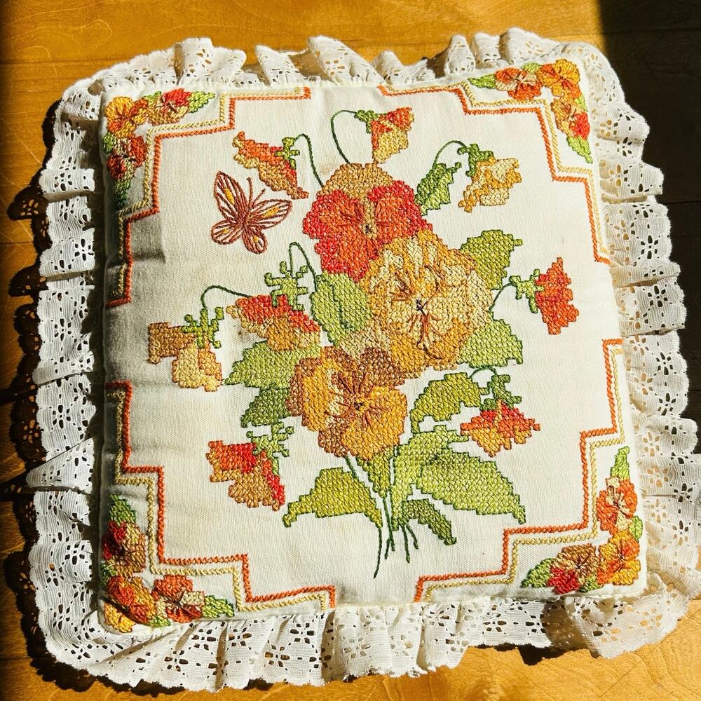 Finished Golden Bee Stamped Cross Stitch Kit Pansies Pillow 14”X 14”